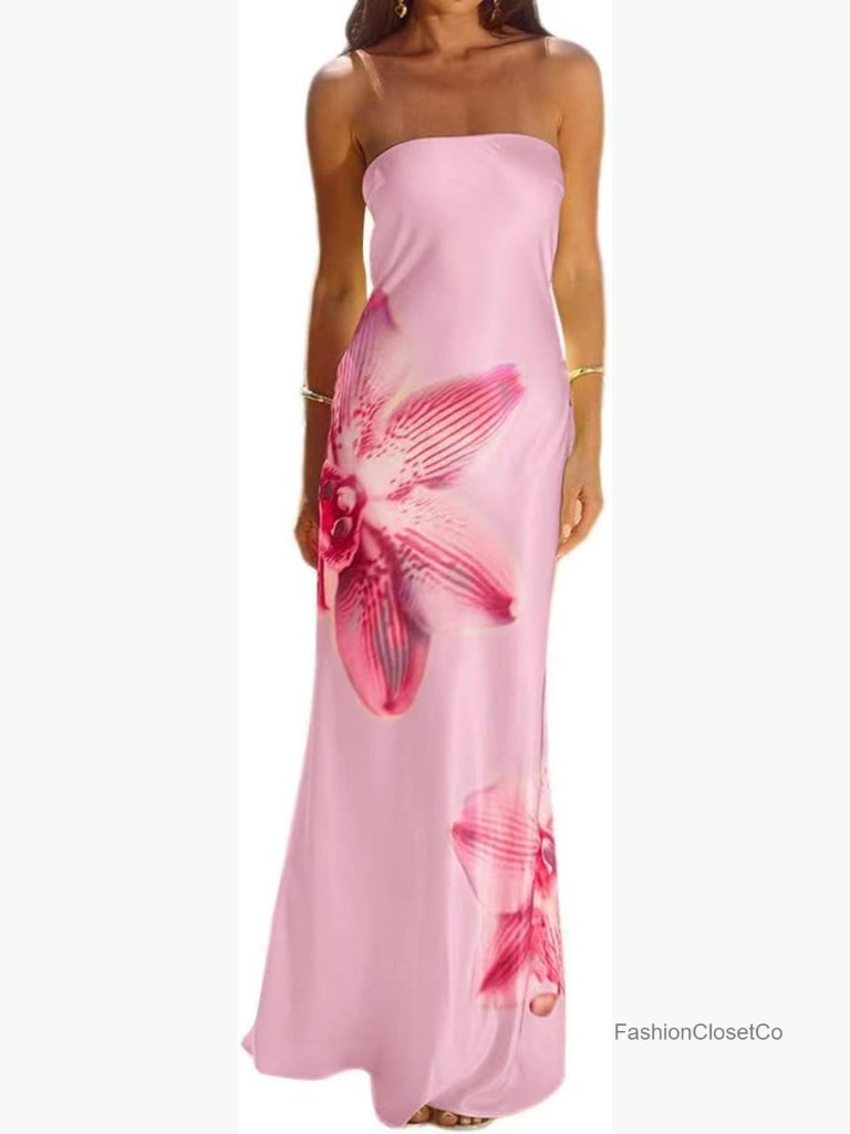 Strapless Floral Maxi Dress Satin Silk Sleeveless Backless Off Shoulder Summer
